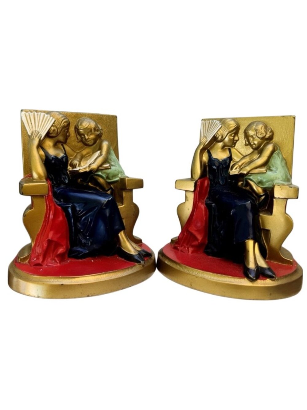 Vintage Painted Cast Iron Mother & Child Bookends Art Deco Style Gold Base 6.2 l